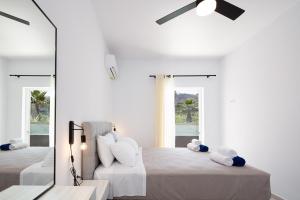Habitación blanca con 2 camas y espejo. en Sun Moon Suite with Pool, en Koxaré