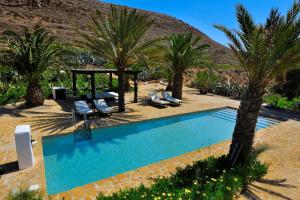a swimming pool with palm trees and a gazebo at La Almendra y El Gitano in Agua Amarga