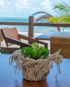 a basket of green bananas sitting on a table at Pousada Preamar in Prea