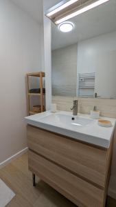 een badkamer met een wastafel en een spiegel bij L'Orée du bois in Selongey