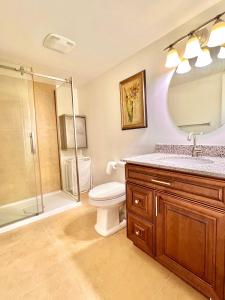 een badkamer met een toilet, een douche en een wastafel bij Cozy Detached Home in Richmond Hill in Richmond Hill