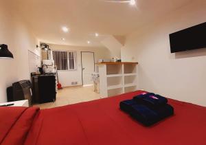 a bedroom with a red bed with a red blanket at Disfruta Mucho !!! in El Calafate