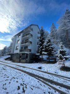 a building in a field with snow on the ground at Vila Predeal Holidays in Predeal