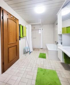 SurwoldにあるFerienwohnung Meyerのバスルーム(床に緑色のマット付)とドア