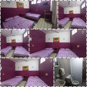 2 fotos de una habitación con camas moradas en Hotel Ayalamar Manzanillo, en Manzanillo