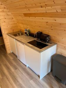 a kitchen with a sink and a counter top at The Green Man, Eco-friendly cabin in the Lincolnshire countryside with heating and hot water in Lincoln