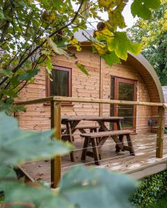 a wooden cabin with a picnic table in front of it at The Green Man, Eco-friendly cabin in the Lincolnshire countryside with heating and hot water in Lincoln