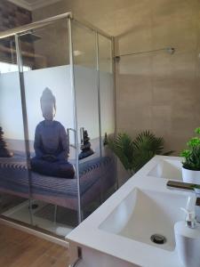 ein Bad mit einer Dusche und einem Buddha auf einer Bank in der Unterkunft Alojamento Local Terreiro in Pombal