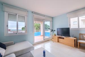 ein Wohnzimmer mit einem Sofa und einem Flachbild-TV in der Unterkunft Apartamento Merida in Alcanar