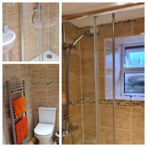 3 Bilder von einem Bad mit WC und Dusche in der Unterkunft Woodcutters Cottage, Northumberland in Haltwhistle