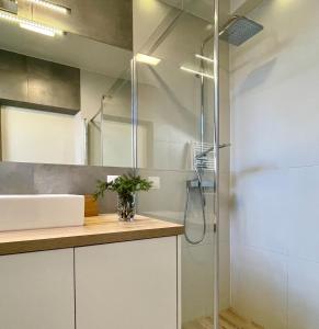 ein Bad mit einer Dusche und einem Waschbecken in der Unterkunft VisitZakopane - Lord Apartment in Zakopane