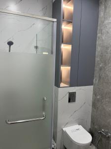 uma casa de banho com um WC e uma porta de duche em vidro. em Аренда квартиры 2 em Prigorodnyy