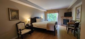 um quarto com uma cama, uma lareira e uma televisão em Hotel St-Sauveur em Saint-Sauveur-des-Monts