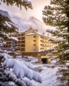 Mount Crested Butteにあるエレベーション ホテル ＆ スパの雪に覆われた木々の中のホテル