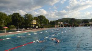 eine Gruppe von Personen, die in einem Schwimmbad schwimmen in der Unterkunft Schöne Ferienwohnung „Zum Glück“ in Eisenach