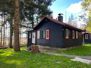 a small black house with red windows and a tree at Steinbachhütte 1 in Drei Annen Hohne