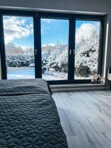 sypialnia z widokiem na pokryty śniegiem dziedziniec w obiekcie Agroturystyka u Maryli w Stroniu Śląskim