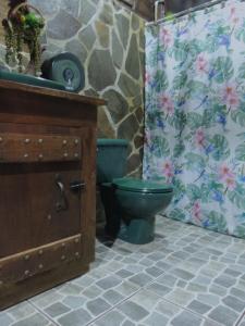 a bathroom with a green toilet and a sink at Cabañas Montañas del Tenorio in San Rafael