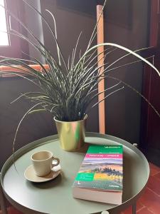ein Buch auf einem Tisch mit einer Tasse und einer Pflanze in der Unterkunft La casa terra dei sogni in Castiglione del Lago