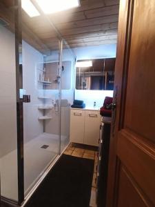 a small kitchen with a shower and a glass door at Belle Vue Des Praz in Chamonix-Mont-Blanc