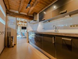 a kitchen with stainless steel appliances and wooden ceilings at Jager en Hooijmijt xl in Gouwelaar