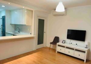 a living room with a television and a kitchen at Apartamento centro de Granada 2 in Granada