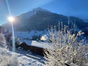 a snow covered cabin with a mountain in the background at Appartement cosy au pied des pistes in La Clusaz