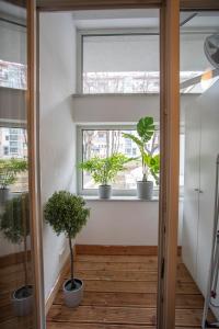 a room with potted plants and a window at Innsbruck City Center Studio I 24h self-check-in in Innsbruck