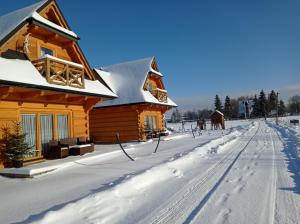 a log cabin in the snow with footprints in the driveway at Domki Masny Chochołów in Chochołów