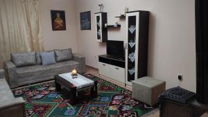 a living room with a couch and a tv at Villa Katerina in Korçë