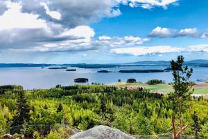 a view of a lake from the top of a hill at Log Cabin from 1820s with wood-heated sauna in Hassela