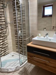 a bathroom with a shower and a sink at Székelyudvar Fogadó in Lukácsháza +18 photos