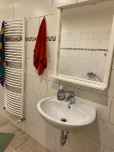 a bathroom with a sink and a mirror and towels at Vermietung Petrović in Wahlrod