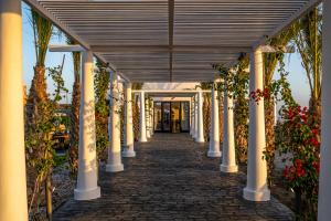 a walkway with columns and flowers in a building at Cresanto Luxury Suites in Imerovigli