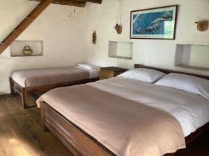 Tinjacá的住宿－Hotel Ráquira Silvestre Lodge，一间卧室设有两张床,墙上挂着一幅画