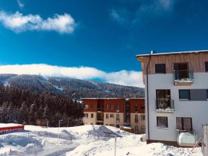 a building in the snow with a mountain in the background at Apartmán Alfa Klínovec in Loučná pod Klínovcem
