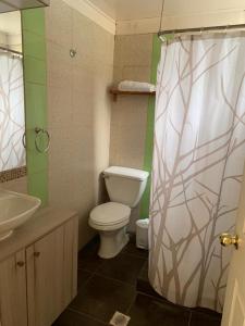 uma casa de banho com um WC e uma cortina de chuveiro em Alojamiento en San José de Maipo em Santiago