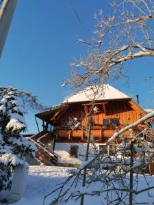 uma cabana de madeira na neve com neve em Landgasthof Plohnbachtal UG em Abhorn