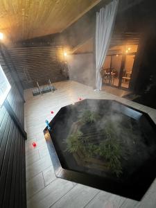 米茲爾亞的住宿－Гостинний двір" Живиця" ЧАН，客房享有热水浴池的顶部景致。