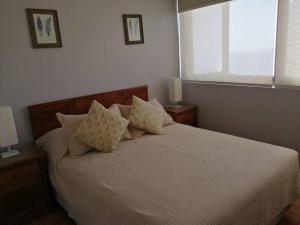 a bedroom with a bed with pillows and a window at Rent apartment Viña del Mar in Viña del Mar