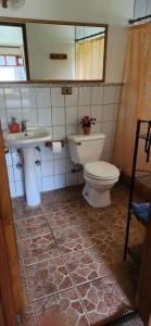 La salle de bains est pourvue de toilettes et d'un lavabo. dans l'établissement Cabaña para 5 personas, Villarrica-Pucón con vista privilegiada ., à Villarrica
