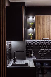a kitchen with a sink and a black wall at Henri IV - 2 Pièces - Parking gratuit in Billère