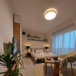 een slaapkamer met een bed en een woonkamer bij Sunny Woods Apartment in Divčibare