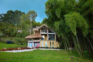 mały domek z dachem krytym strzechą na polu w obiekcie Bambu chalet w mieście Santa Rosa de Cabal
