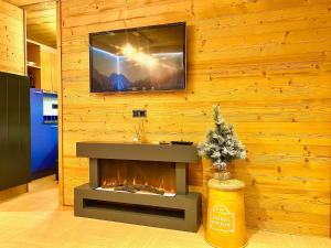 a living room with a fireplace and a television on a wall at Appartement 2 chambres vue pistes, parking privatif in Les Orres