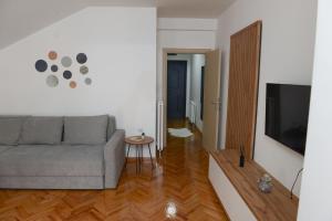 ヴラニェにあるMD apartman Vranje FREE PARKINGのリビングルーム(ソファ、薄型テレビ付)