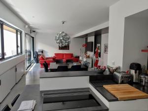 eine Küche und ein Wohnzimmer mit einem roten Sofa in der Unterkunft Rouen centre avec Sauna - Jacuzzi - Parking - 5 étoiles in Rouen