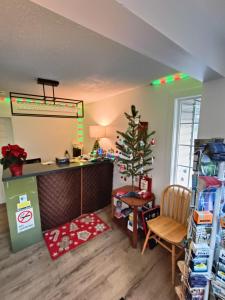 a living room with a christmas tree and a desk at Mountain View Hope Motel in Hope