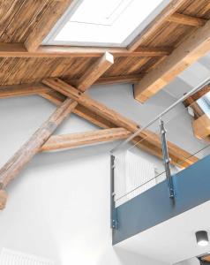 um quarto com tectos em madeira e uma clarabóia em Chalet-Ferienwohnung Bergloft, 115 qm, Wellness/Fitness/Sauna – Bergrödelhof em Feilitzsch
