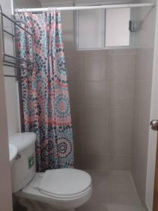 een badkamer met een toilet en een douchegordijn bij Piso entero, cómodo y moderno in Mexico-Stad
